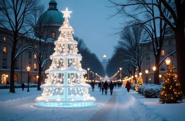 Obraz premium Magical winter wonderland: illuminated christmas tree on snowy evening
