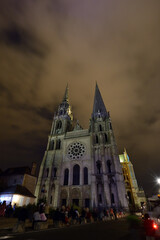 Fototapeta premium Chartres Cathedral illuminated at night, Chartres, France vertical / 夜のライトアップされたシャルトル大聖堂 シャルトル フランス 縦位置