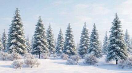 Fototapeta premium Norwegian forest in winter, tall pine trees covered in snow, quiet and peaceful scene