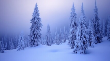 Obraz premium Norwegian forest in winter, tall pine trees covered in snow, quiet and peaceful scene
