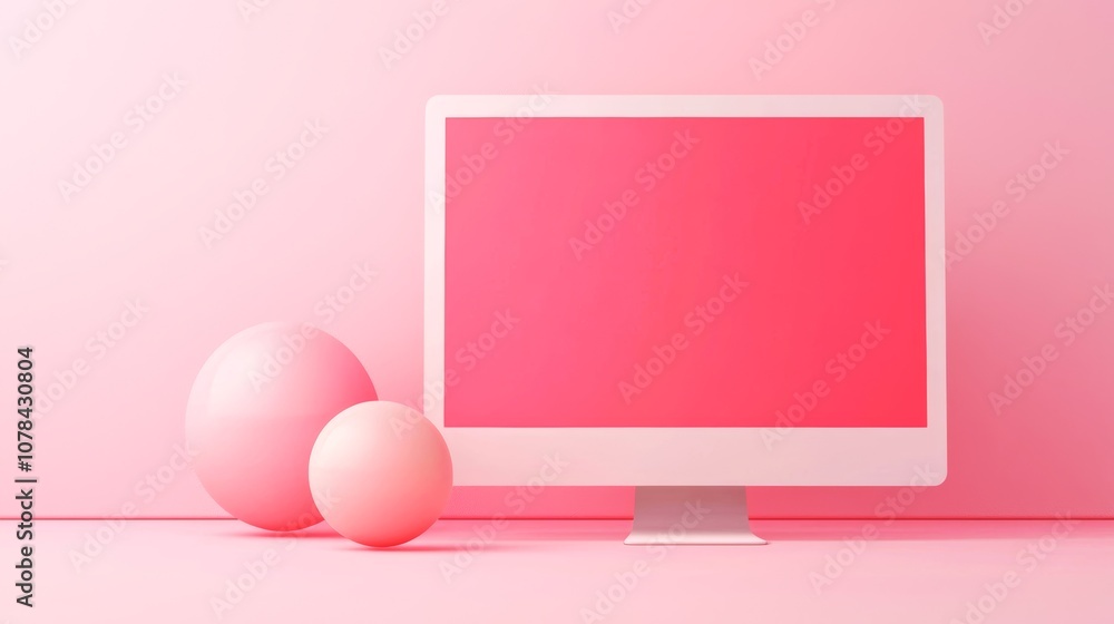 Poster mockup sample showcase for a minimalistic scene featuring a pink computer monitor and soft spheres, 