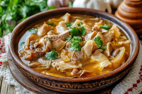 Colombian tripe soup dish known as mondongo on light wood also called callos guatita tripa mishque pancita menudo