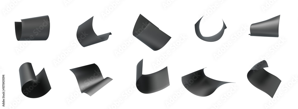 Poster 3d black paper pages falling down mockup isolated on transparent background png render icon set. bla