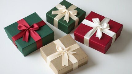 Four beautifully wrapped gift boxes in festive colors arranged on a table for a cheerful holiday celebration