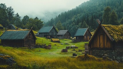 Obraz premium Norwegian Viking village reenactment, traditional costumes, wooden houses