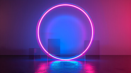 Obraz premium Neon style circle mockup in futuristic piping. Blue and pink modern hologram illuminated by lights in futuristic interior 3D rendering