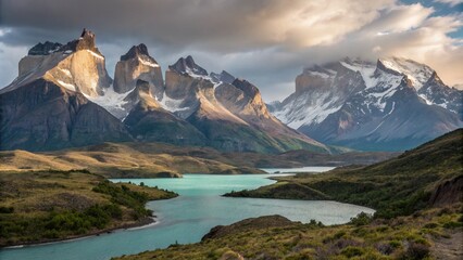 Obraz premium Breathtaking Landscape of Torres del Paine National Park in Patagonia: A Stunning Showcase of Nature’s Majesty, Featuring Mountains, Glaciers, Lakes, and Unique Wildlife