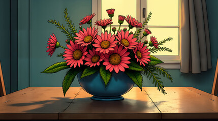 Enchanting Stylized Flower Arrangement on Table, Capturing the Essence of Nature's Beauty Through Color and Texture