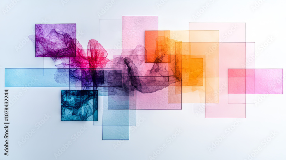 Poster abstract art with colorful translucent shapes and textures
