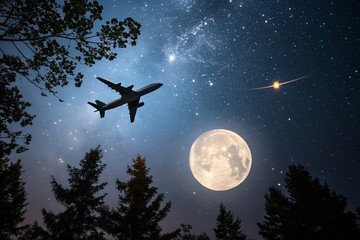 Breathtaking Night Photography of a Majestic Airplane Silhouetted Against a Glowing Full Moon in a Starry Sky, Capturing the Essence of Aviation and Nature's Beauty