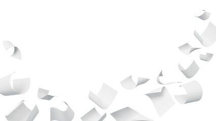 3d white paper sheets falling down on transparent background png render. Scatter blank pages, office documents, business files, wave curve notes flying in air. Mess in paperwork. 3D illustration