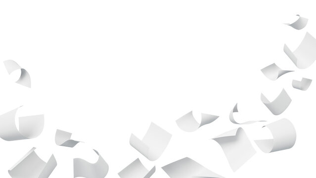 3d white paper sheets falling down on transparent background png render. Scatter blank pages, office documents, business files, wave curve notes flying in air. Mess in paperwork. 3D illustration