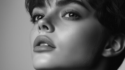 Fototapeta premium Close-Up Black and White Portrait of Young Woman with Freckles and Natural Beauty Expression