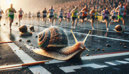 A snail on a wet track with runners blurred in the background, symbolizing persistence and patience