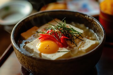Detailed view of tofu stew with soft tofu egg and red peppers on a clay pot and sushi mat South Korea