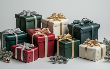 Obraz premium A colorful arrangement of festive gift boxes in various sizes adorned with ribbons and pine accents for holiday celebrations