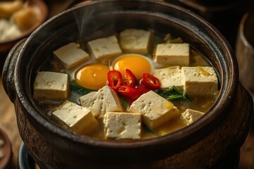 Detailed view of tofu stew featuring soft tofu egg and red peppers served in an earthen pot atop a sushi mat South Korea