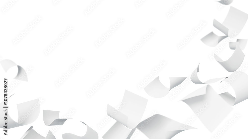 Poster 3d flying on wind white paper pages on transparent background png render. falling office document fi