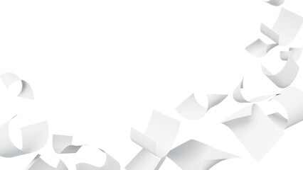 3d flying on wind white paper pages on transparent background png render. Falling office document file, empty bill, invoice. Blank curve sheets of book, scattered note floating in air. 3D illustration