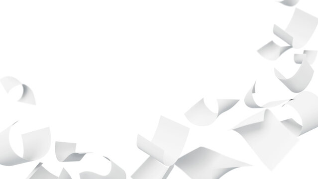 3d flying on wind white paper pages on transparent background png render. Falling office document file, empty bill, invoice. Blank curve sheets of book, scattered note floating in air. 3D illustration