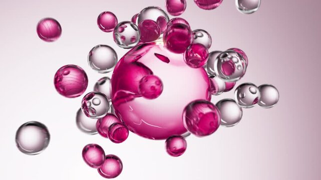 Pink serum with liquid bubbles in a 3D abstract background. Hydrating essence gel with collagen molecules. Moisturizing cream or oil for skincare and beauty.