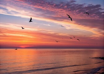 Fototapeta premium Breathtaking Sunset Over the Serene Sea with Silhouetted Birds in Flight Capturing the Beauty of Nature's Daily Transition for Tranquil Landscape Photography
