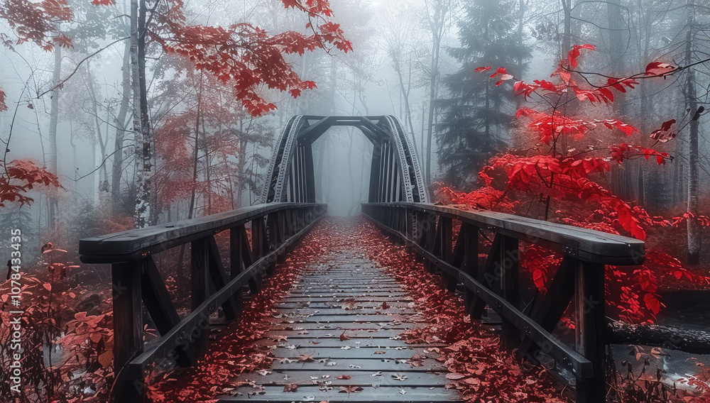 Poster a misty path leading to an old wooden bridge, surrounded by vibrant red foliage and trees in the woo
