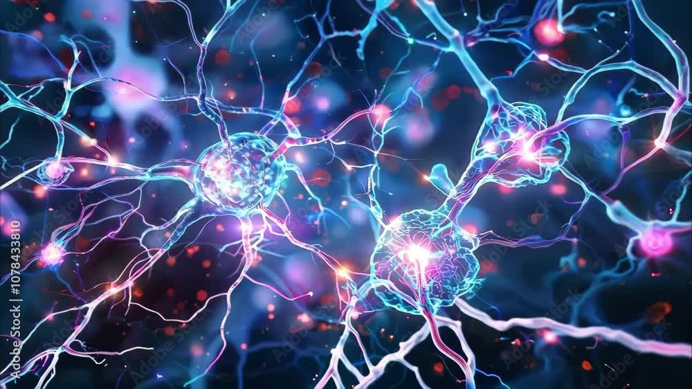 Poster a close-up visualization of neurons with vibrant colors, highlighting their interconnected structure