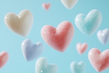 Obraz premium Soft gradient heart shapes floating on a pale blue background.