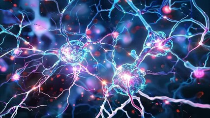 A close-up visualization of neurons with vibrant colors, highlighting their interconnected structures and synapses.