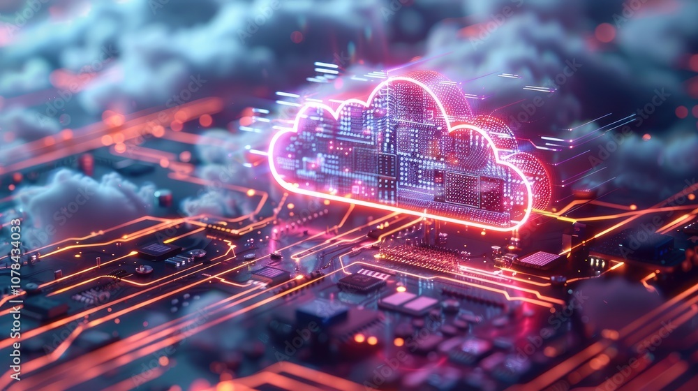 Fototapete A glowing cloud-shaped hologram floats above a dense matrix of microchips, representing seamless cloud computing and data integration, with neon blue and purple lights.