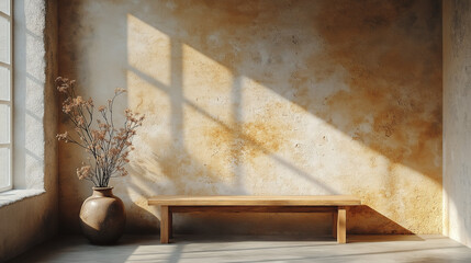 Minimalist Interior with Wooden Bench, Textured Wall, and Natural Light Shadows