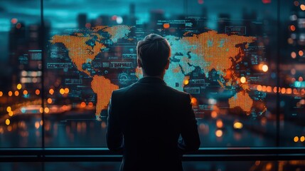 Businessman Looking at World Map in a Cityscape