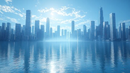 A serene cityscape reflecting in calm waters under a bright sky.