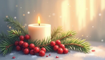 Cozy holiday candle arrangement with pine, berries, and soft light in winter setting