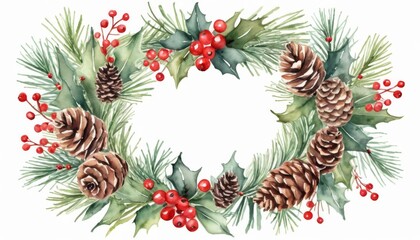Watercolor holiday wreath with pine cones, holly, and berries on white background