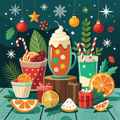 festive drinks and christmas decor on a wooden vector