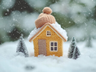 Naklejka premium house in winter - heating system concept and cold snowy weather with model of a house wearing a knitted cap