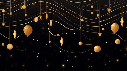 Golden Ornaments Hanging from Curved Lines on a Black Background