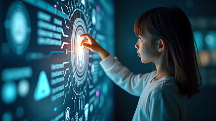 A young girl interacts with a futuristic digital interface, symbolizing the next generation's interaction with technology.