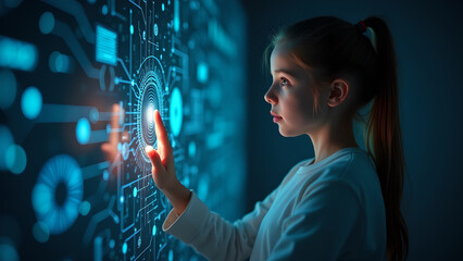 Young girl interacting with a futuristic holographic interface. Concept of future technology, innovation, digital world, and virtual reality