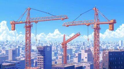 Fototapeta premium Construction Cranes Overlooking Cityscape