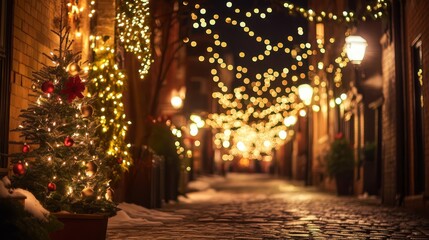 Christmas Tree Lights Cobblestone Street Holiday Lights Night Cityscape