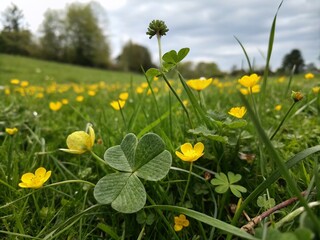 Candid Capture of a Four Leaf Clover Surrounded by Vibrant Yellow Flowers in a Lush Green Field, Symbolizing Luck and Natural Beauty in a Serene Outdoor Setting