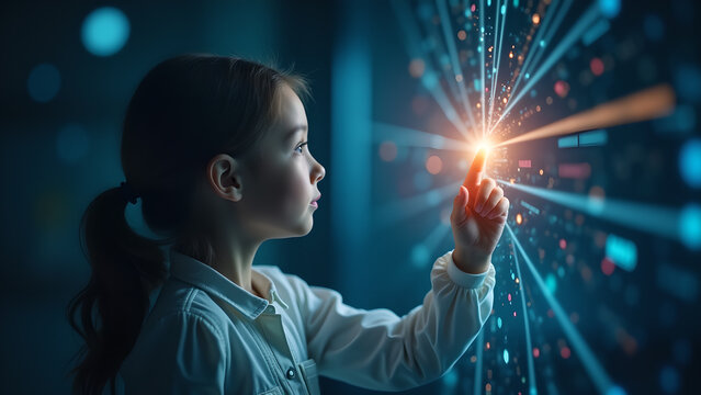 Young girl exploring a glowing digital world. Concept of innovation, future, technology, and potential.