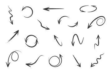 set of arrows drawn with chalk and charcoal pencil brushes. Collection of drawings of arrow icons circle, in different directions. Isolated black vector pointers