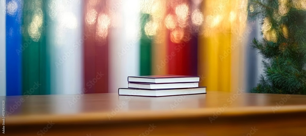 Poster stack of three books on wooden table with colorful blurred background with room for text