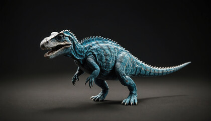 Fototapeta premium A blue dinosaur stands on a black background, its mouth slightly open, as if it's about to roar