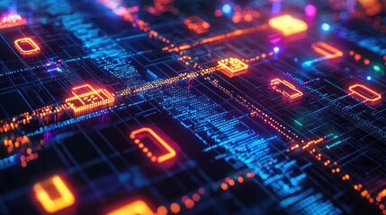 Obraz premium Abstract futuristic digital circuit board with glowing lights and binary code.