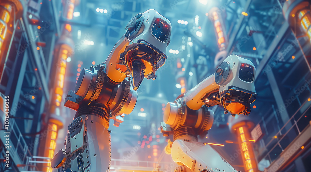 Poster AI-controlled robotic arms meticulously assembling a structure at a construction site, outdoors on a large-scale project.